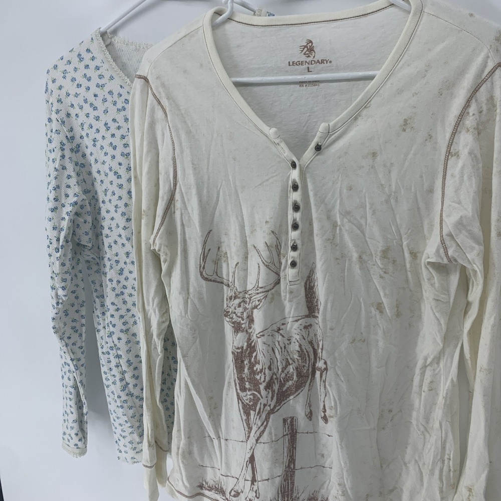 2 Long Sleeve Tops Thermal Knit Blue Flowers & Henley Legendary Whitetails Large